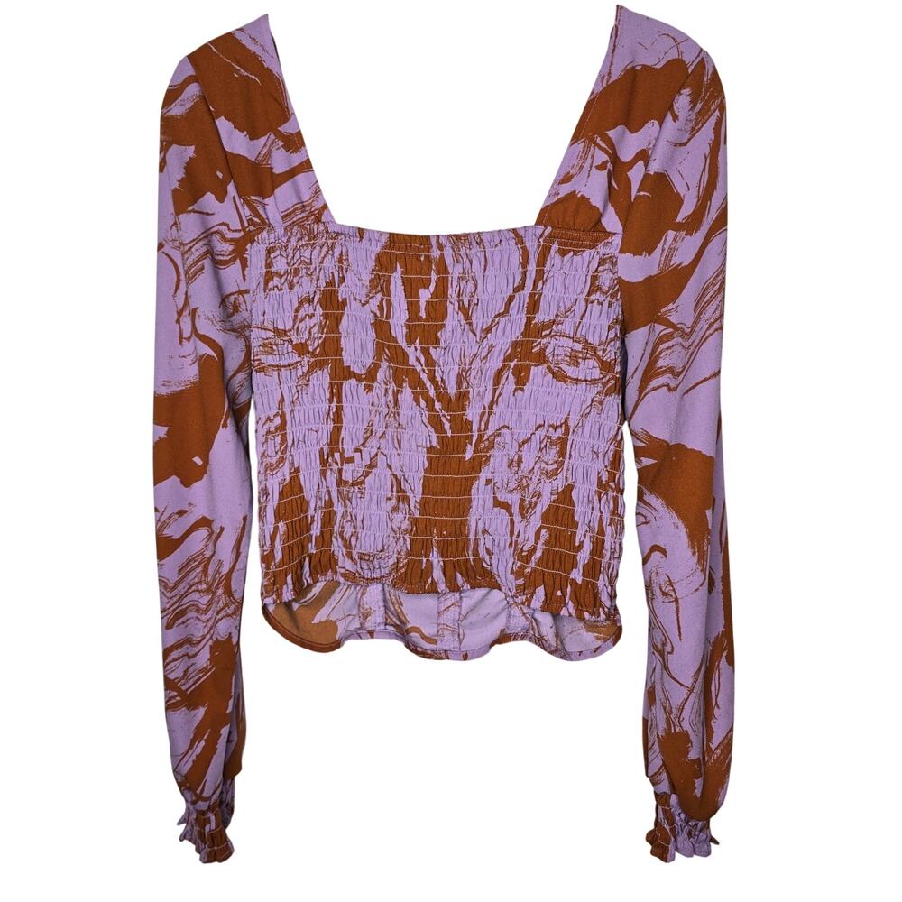 Open Edit Lavender Rust-Brown Abstract Floral Print Ruched Crop Top Size Large - Picture 6 of 7